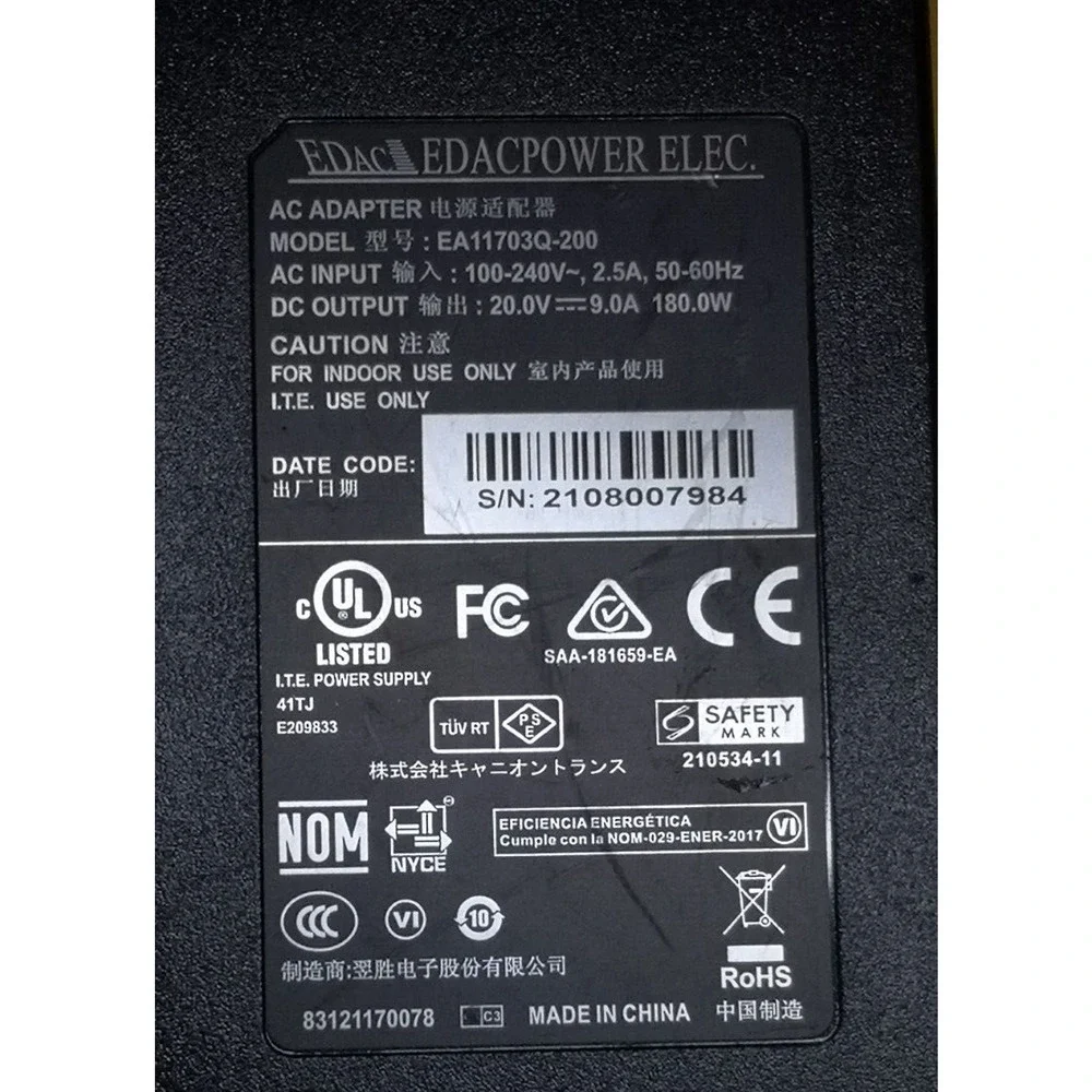 2 Pack - Power Adapter 20V 9A AC DC Supply. Charger PC 180W Round Barrel Tip 7mm